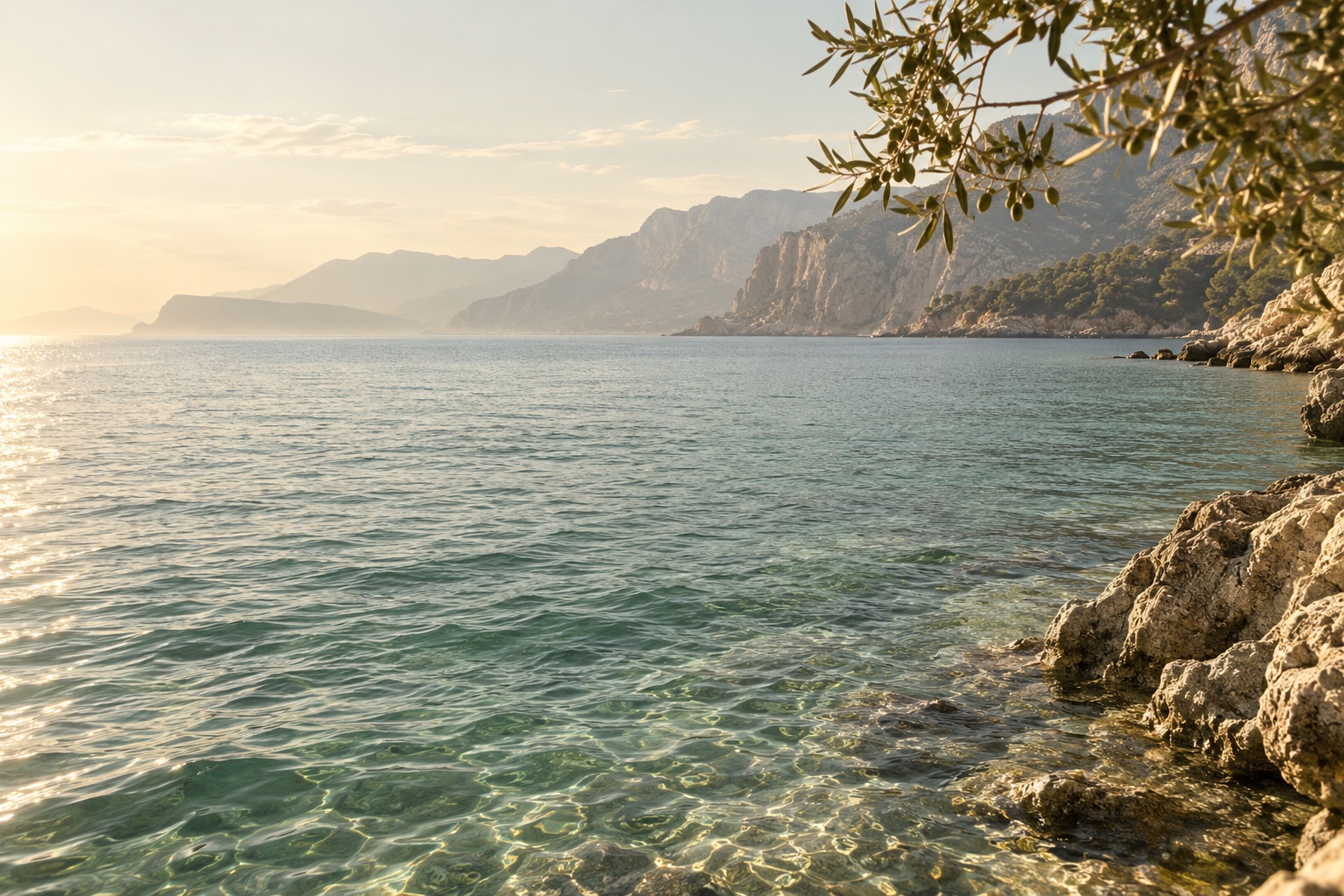 Agua tranquila y luz suave en una cala mediterránea